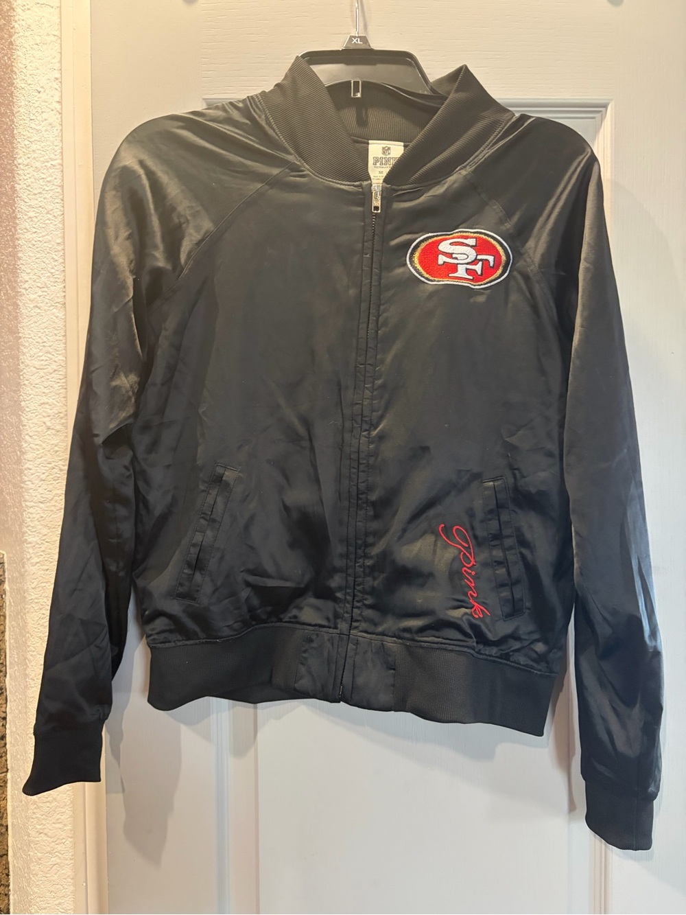 Victoria’s Secret PINK NFL 49ers Black Satin Bomber Jacket XS